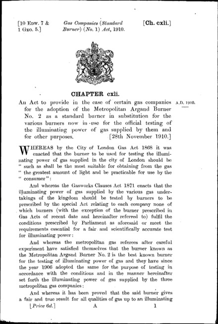Gas Companies (Standard Burner) (No. 1) Act 1910