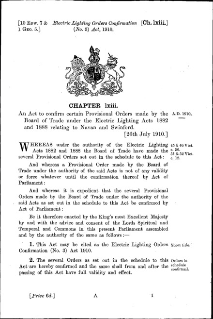 Electric Lighting Orders Confirmation (No. 3) Act 1910