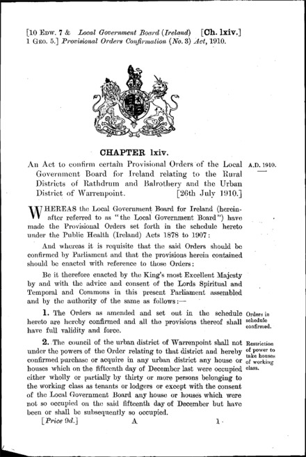Local Government Board (Ireland) Provisional Orders Confirmation (No. 3) Act 1910
