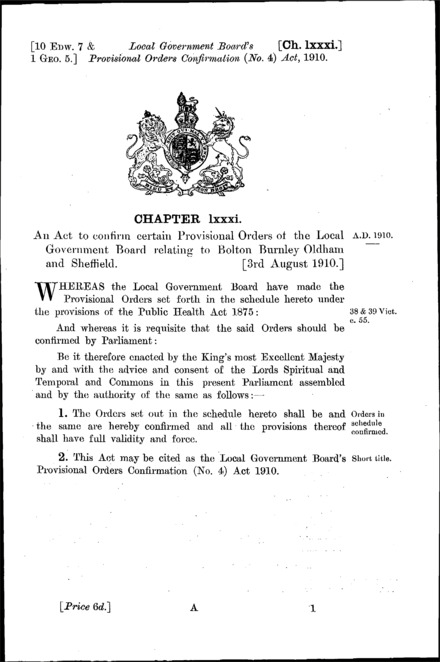 Local Government Board's Provisional Orders Confirmation (No. 4) Act 1910