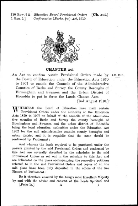Education Board Provisional Orders Confirmation (Berkshire, &c.) Act 1910