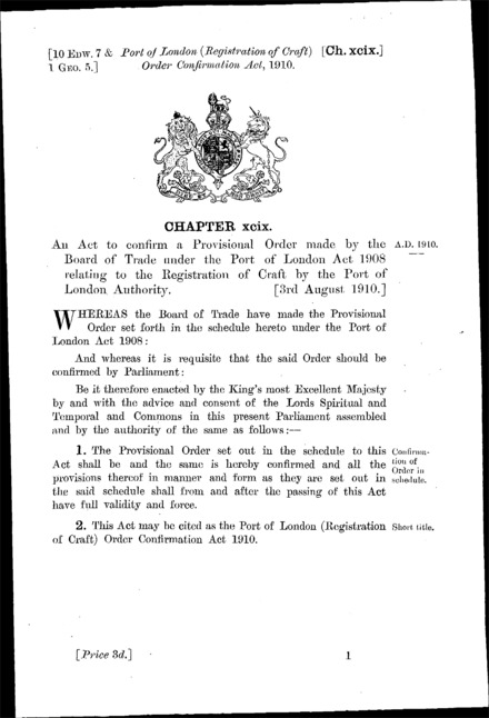 Port of London (Registration of Craft) Order Confirmation Act 1910