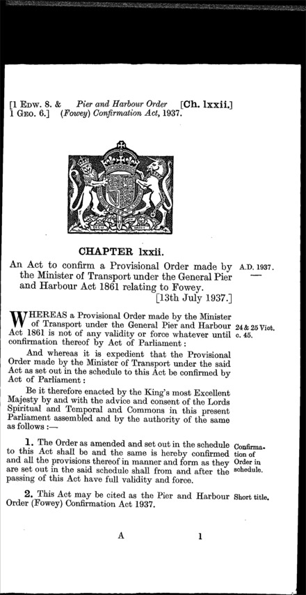 Pier and Harbour Order (Fowey) Confirmation Act 1937