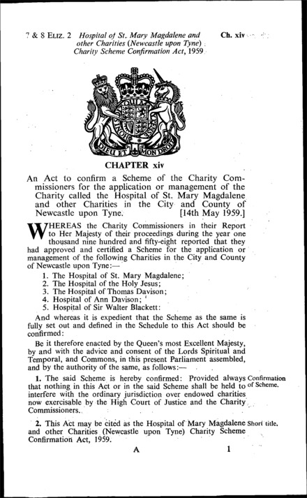 Hospital of St. Mary Magdalene and other Charities (Newcastle-upon-Tyne) Charity Scheme Confirmation Act 1959