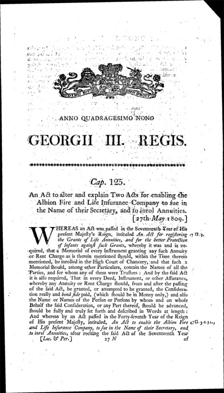Albion Fire and Life Insurance Company Act 1809