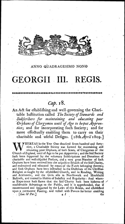 Clergy Orphan Corporation Act 1809