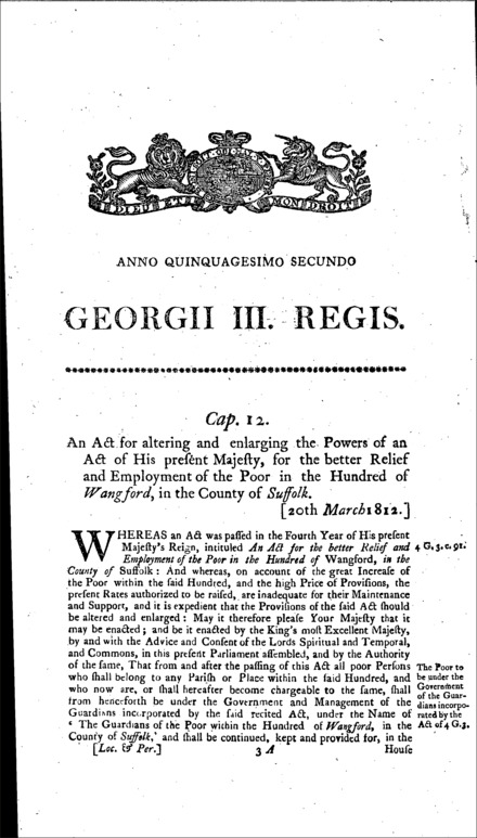 Wangford (Suffolk) Poor Relief Act 1812