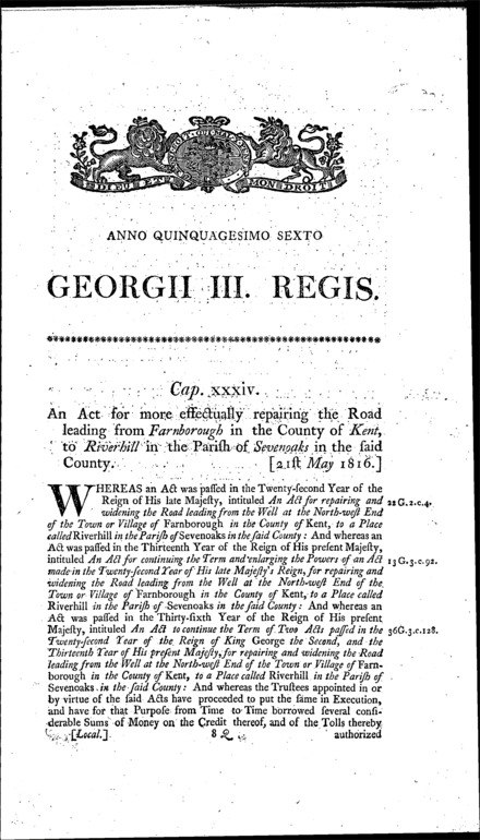 Farnborough (Kent) and Sevenoaks Road Act 1816