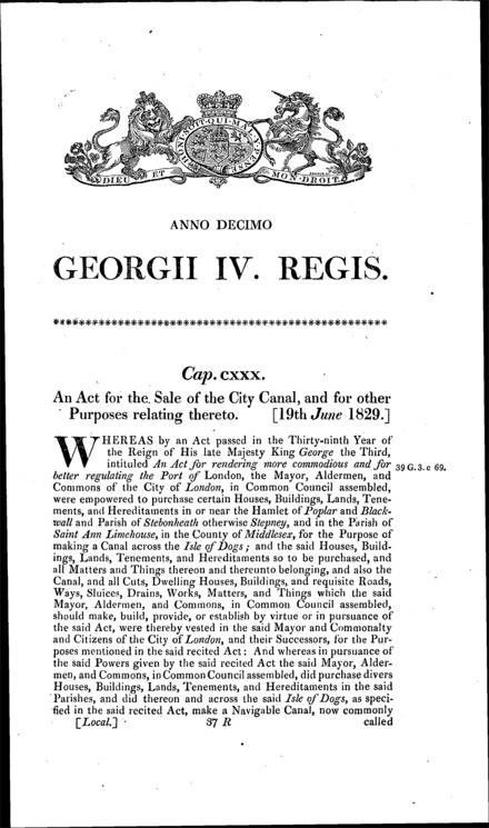 City Canal Act 1829