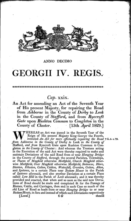 Ashbourne and Leek, and Rushton Common and Congleton Roads Act 1829