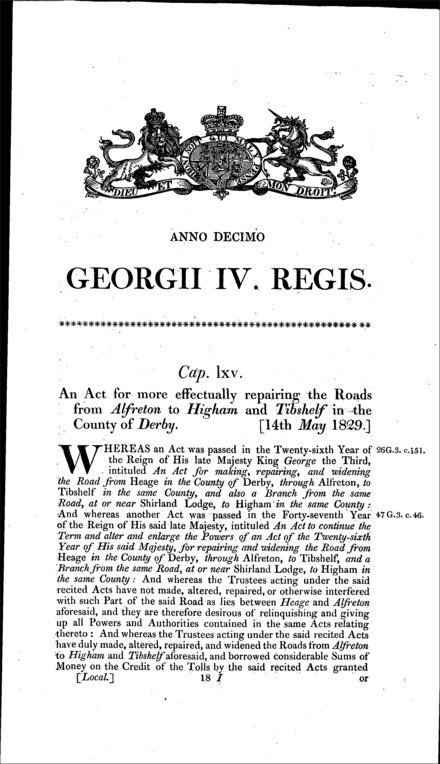 Alfreton and Higham and Tibshelf Roads (Derbyshire) Act 1829
