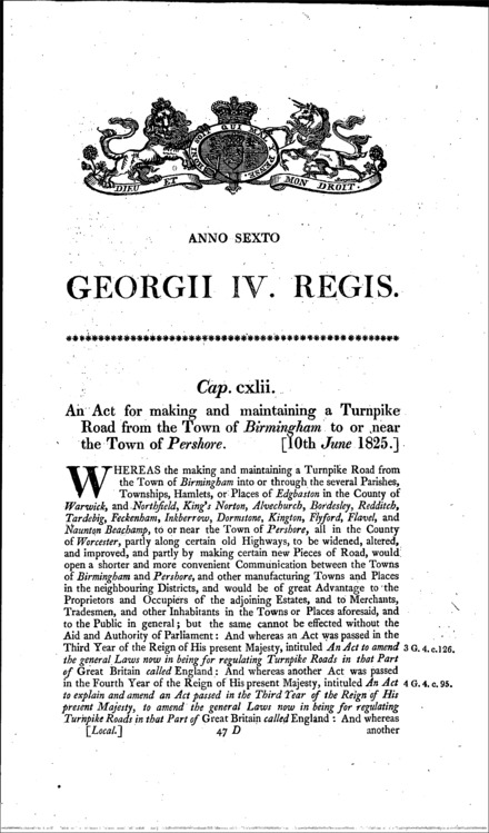 Birmingham and Pershore Turnpike Road Act 1825