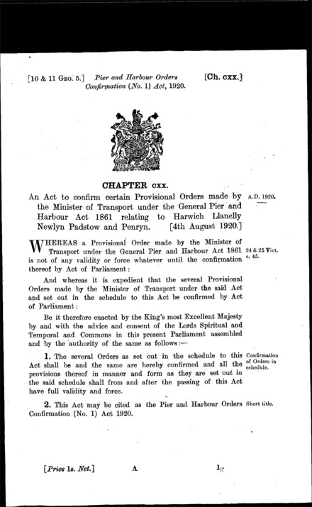 Pier and Harbour Orders Confirmation (No. 1) Act 1920