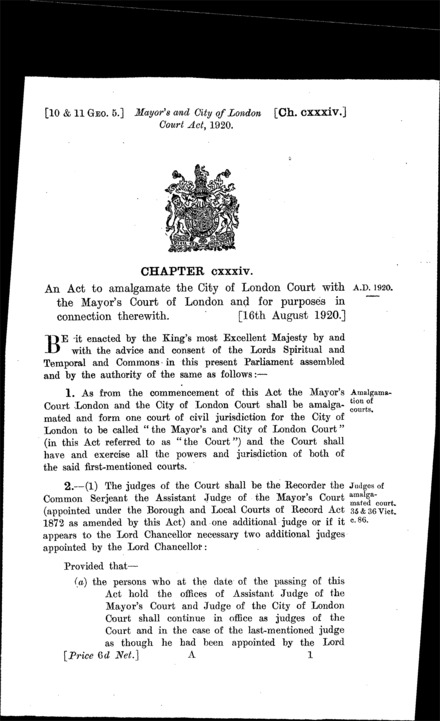 Mayor's and City of London Court Act 1920