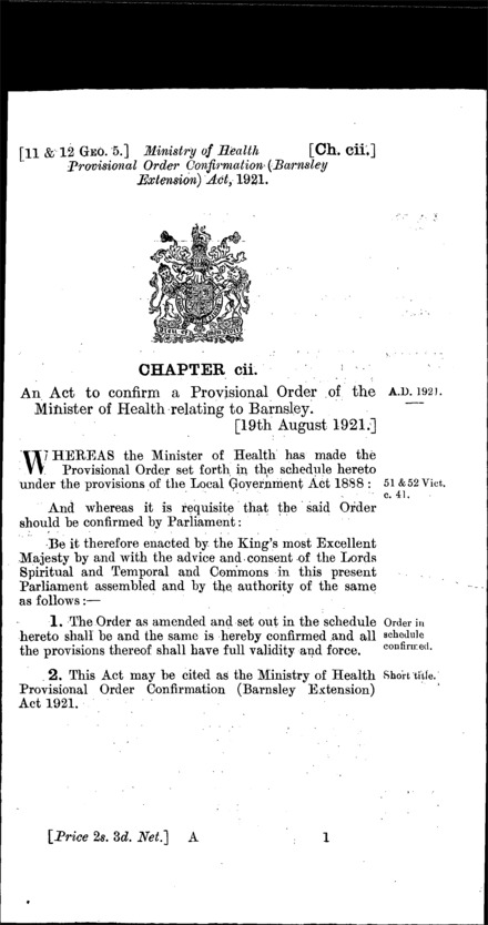 Ministry of Health Provisional Order Confirmation (Barnsley Extension) Act 1921