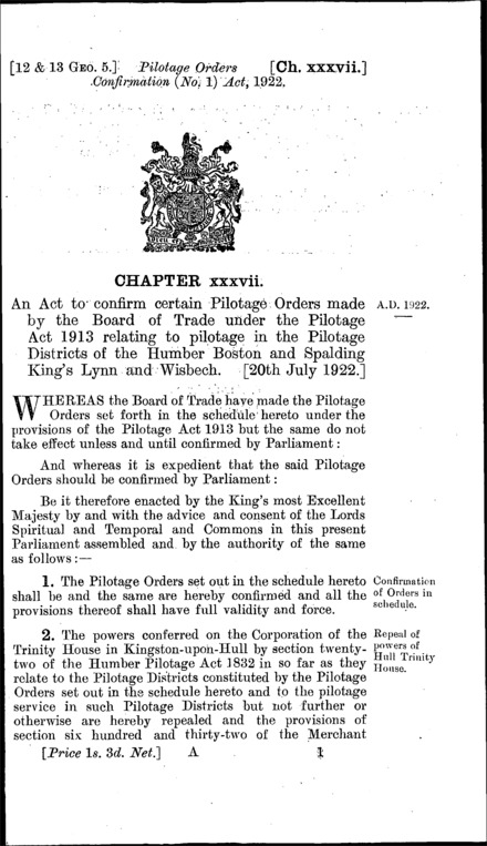 Pilotage Orders Confirmation (No. 1) Act 1922