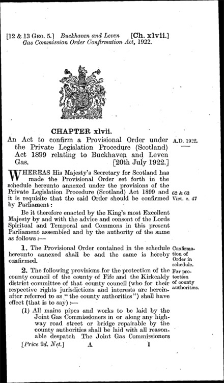 Buckhaven and Leven Gas Commission Order Confirmation Act 1922