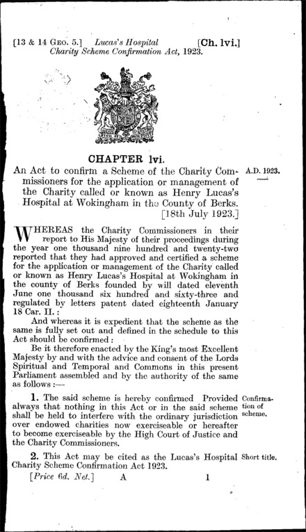 Lucas's Hospital Charity Scheme Confirmation Act 1923