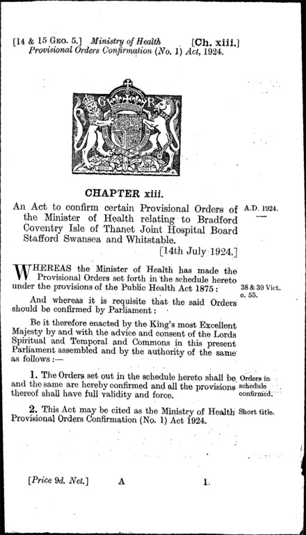 Ministry of Health Provisional Orders Confirmation (No. 1) Act 1924