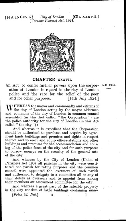 City of London (Various Powers) Act 1924