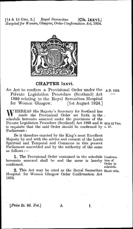 Royal Samaritan Hospital for Women Glasgow Order Confirmation Act 1924