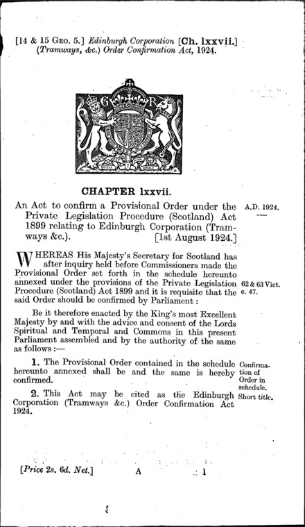 Edinburgh Corporation (Tramways, &c.) Order Confirmation Act 1924