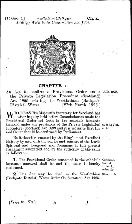 Westlothian (Bathgate District) Water Order Confirmation Act 1925