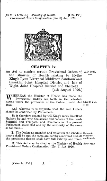 Ministry of Health Provisional Orders Confirmation (No. 6) Act 1926
