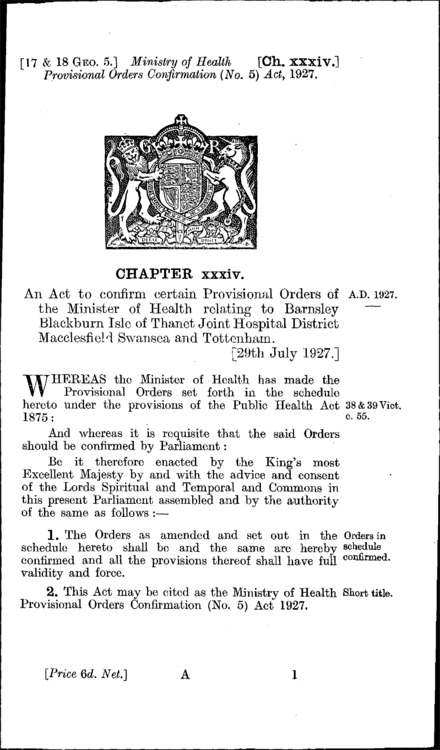 Ministry of Health Provisional Orders Confirmation (No. 5) Act 1927