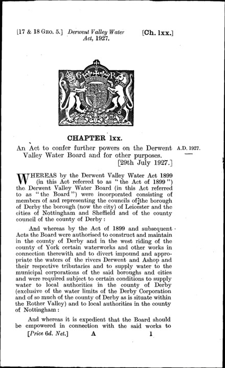 Derwent Valley Water Act 1927