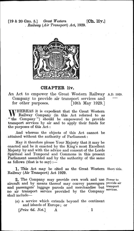 Great Western Railway (Air Transport) Act 1929