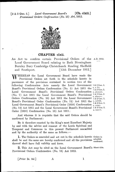 Local Government Board's Provisional Orders Confirmation (No. 15) Act 1912