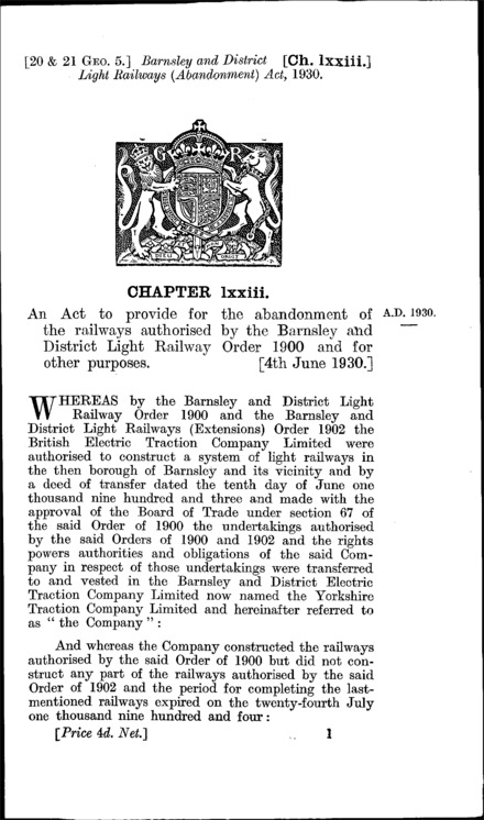 Barnsley and District Light Railways (Abandonment) Act 1930