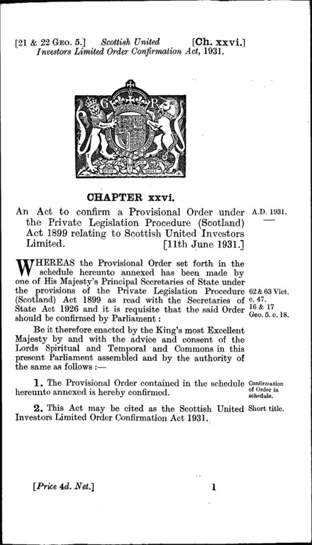 Scottish United Investors Limited Order Confirmation Act 1931