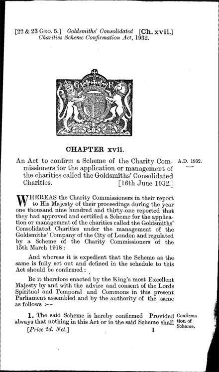 Goldsmiths' Consolidated Charities Scheme Confirmation Act 1932
