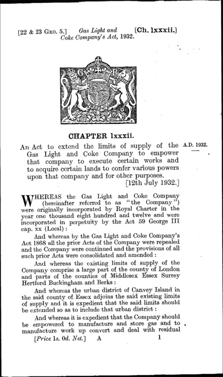 Gas Light and Coke Company's Act 1932