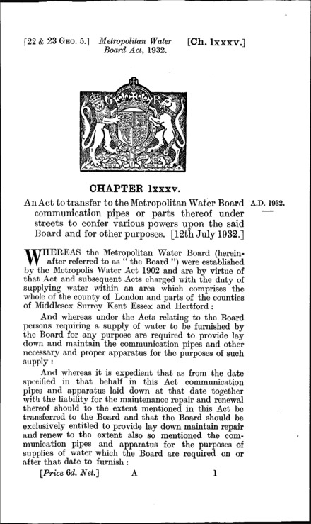Metropolitan Water Board Act 1932