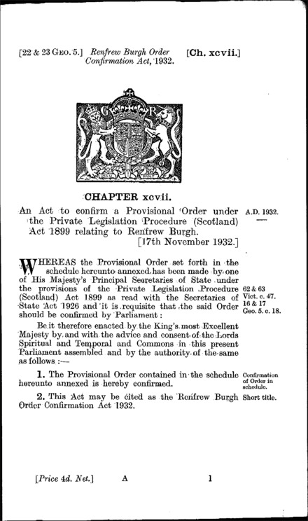 Renfrew Burgh Order Confirmation Act 1932