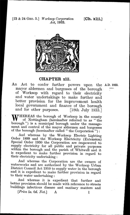 Worksop Corporation Act 1933