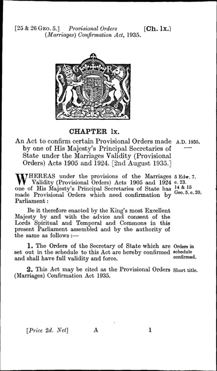 Provisional Orders (Marriages) Confirmation Act 1935