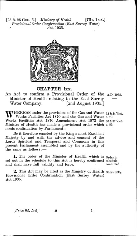 Ministry of Health Provisional Order Confirmation (East Surrey Water) Act 1935