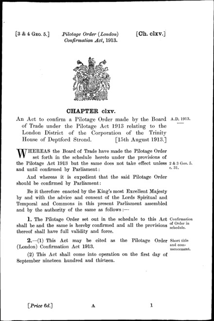 Pilotage Order (London) Confirmation Act 1913