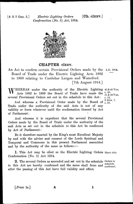 Electric Lighting Orders Confirmation (No. 5) Act 1914