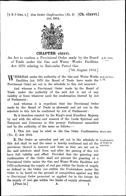 Gas Order Confirmation (No. 2) Act 1914