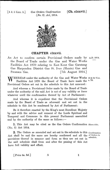 Gas Orders Confirmation (No. 3) Act 1914