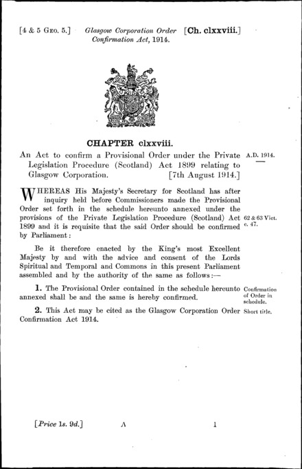 Glasgow Corporation Order Confirmation Act 1914