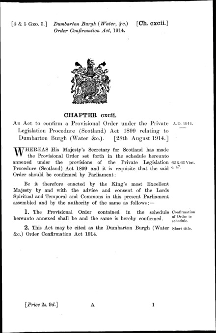 Dumbarton Burgh (Water, &c.) Order Confirmation Act 1914