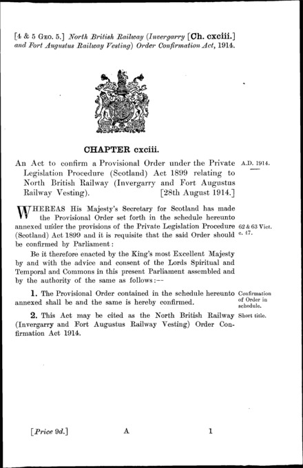 North British Railway (Invergarry and Fort Augustus Railway Vesting) Order Confirmation Act 1914