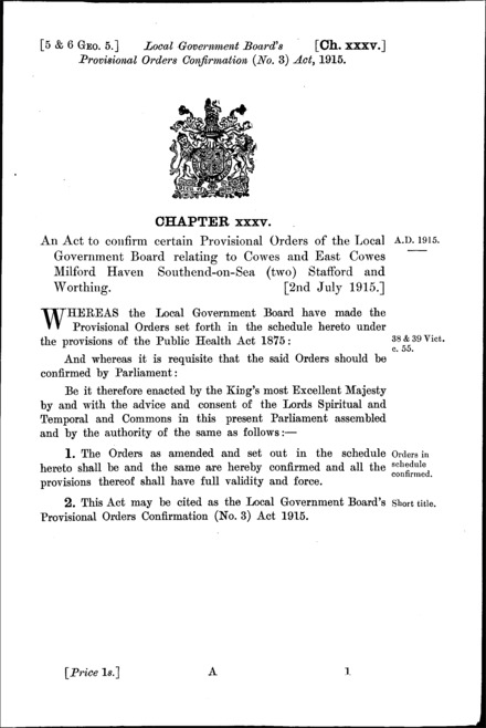Local Government Board's Provisional Orders Confirmation (No. 3) Act 1915