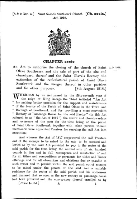 St. Olave's Southwark Church Act 1918